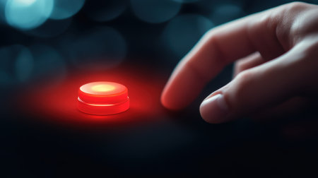 Red button about to be pushed by a hand, focus on the moment of choice, dynamic lighting, decision-making conceptの素材