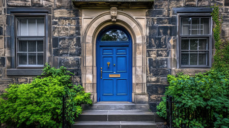 The allure of history is captured in a weathered blue door set in a stone building, featuring a classic archway that invites curiosity and exploration of the past.の素材
