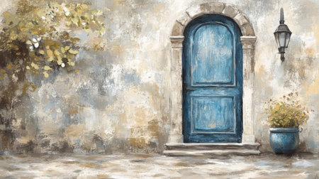 The charming character of a weathered blue door in a classic archway is highlighted against a historic stone backdrop, evoking a sense of nostalgia and timeless beauty.の素材