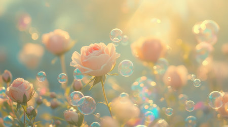 Lush summer flowers bloom vibrantly, set against a blurred pastel background, where bubbles and sparkles dance, inviting viewers into a world of soft, enchanting beauty.の素材
