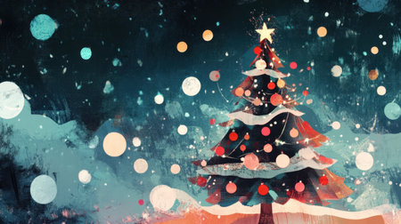 Whimsical, decorated Christmas tree with sparkling lights and ornaments, capturing the festive spirit in a playful illustration art styleの素材