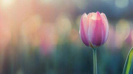 A delicate pink tulip flower in full bloom, bathed in the gentle light of spring, symbolizing renewalの素材