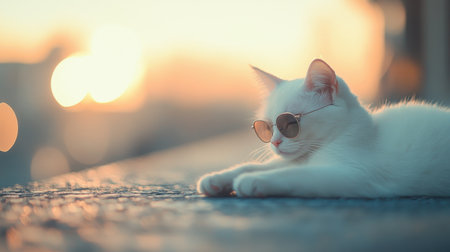 White cat with sunglasses lounging on a rooftop, selective focus on its fashionable vibe, dynamic lighting and ethereal moodの素材