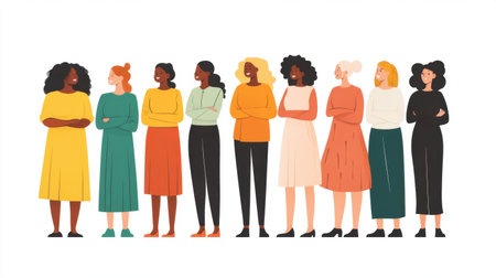 Women of diverse ethnic backgrounds stand together in vector flat illustration, focus on equality and inclusion, vibrant and dynamicの素材