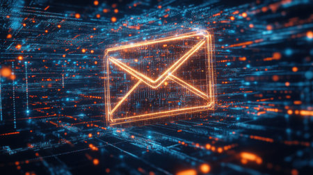 A digital mailbox icon in a vast cyberspace environment, with data trails flowing around itの素材
