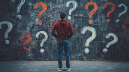 A man stands puzzled in front of a wall covered in question marks, contemplating the challenges aheadの素材