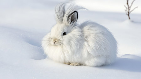 A fluffy bunny rabbit sits in the snow, its soft fur standing out against the wintry white backdropの素材