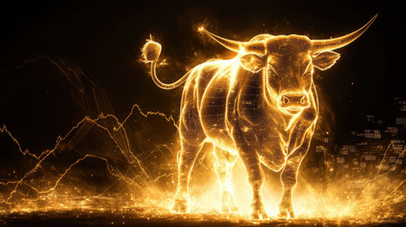 A radiant golden bull stands tall with glowing financial data, symbolizing market growth and success in a dynamic financial sceneの素材