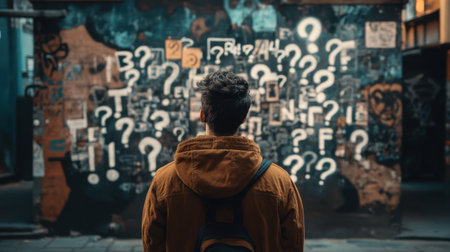 A man stands in front of a wall covered in questions, contemplating the unknown in a challenging momentの素材