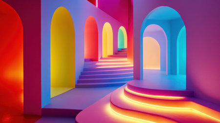 A colorful room with LED-lit stairs and a glowing stage, blending bold colors and futuristic lightingの素材