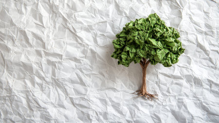 A green tree growing on crumpled paper, a fusion of nature and artistic expression, symbolizing sustainable creativityの素材