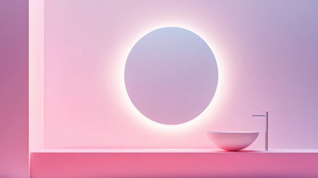 A sleek smart bathroom mirror with integrated LED lighting, shining softly against a solid color backgroundの素材
