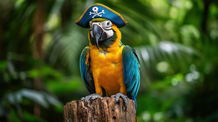 A playful parrot with a pirate hat sits on a tree stump, striking a swashbuckling poseの素材