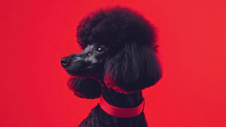 A small black poodle wearing a bright red collar, posed against a vibrant red backdrop, highlighting its fluffy furの素材
