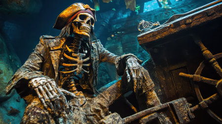 A skeletal pirate leaning against the helm of a sunken ship, deep underwater, encrusted with marine lifeの素材