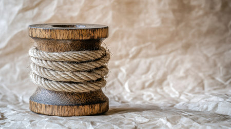 A vintage wooden spool of rough rope placed on a wrinkled paper surface, evoking a sense of old-world charmの素材