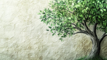 A tree with lush green leaves drawn over a textured, crumpled paper backdrop, capturing creativity and nature's essenceの素材