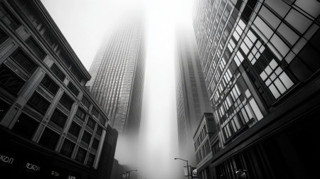 Empty city street beneath looming skyscrapers, veiled in fog, creating an eerie yet calm atmosphereの素材