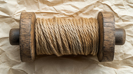 A wooden spool of coarse rope sits on crumpled paper, creating a rustic and textured backgroundの素材