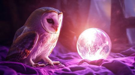 A wise owl perched next to a glowing crystal ball, resting on luxurious purple fabric, evoking mysticismの素材