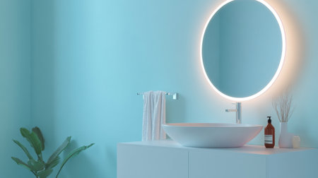 Bathroom cabinet with a smart mirror, highlighting anti-fog technology on a smooth solid backgroundの素材