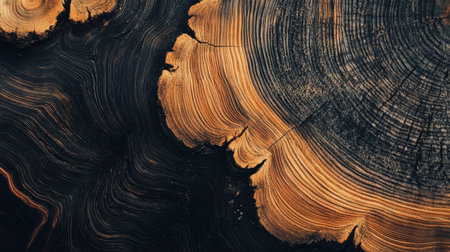 Closeup view of tree rings on a wooden cross section, showcasing the intricate patterns and natural aging of the woodの素材