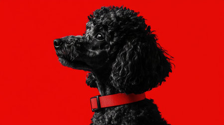 Black poodle with curly fur and a red collar, set against a bold red background, creating a striking and adorable imageの素材
