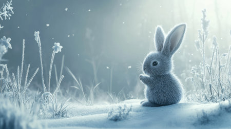 Bunny rabbit sitting quietly in the snow, its fur contrasting with the icy surroundings, creating a cute winter sceneの素材