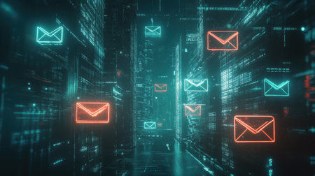 Glowing digital mailbox icons floating in cyberspace, surrounded by data streams and digital effectsの素材