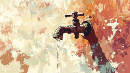 Dripping faucet illustration with a textured backdrop, the droplet mid-fall reflecting light and environmental careの素材