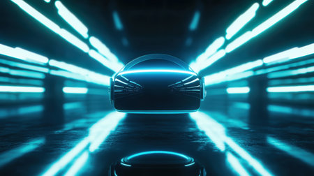 Floating VR headset in the middle of a shadowy space, with streaks of dramatic lighting casting reflections on its surfaceの素材