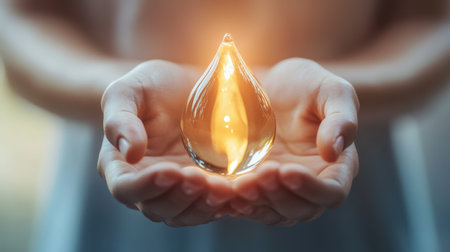 Hands holding a delicate water droplet symbolizing conservation, with light reflecting softly on its surfaceの素材