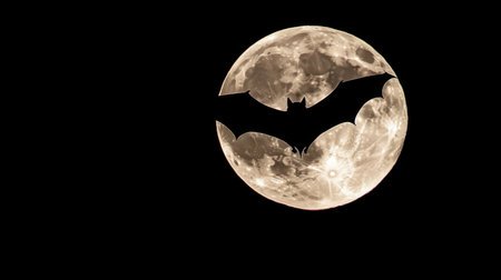 Majestic bat silhouette soaring under the full moon, casting an eerie shadow in the dark night skyの素材