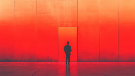 Man standing before a wall of questions, lost in thought, symbolizing uncertainty and decision-makingの素材