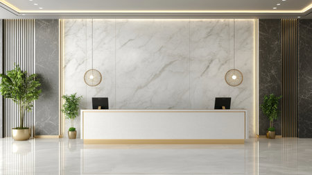 This image showcases a modern reception area featuring a sleek marble wall, stylish pendant lights, and lush green plants, creating a serene and inviting environment.の素材