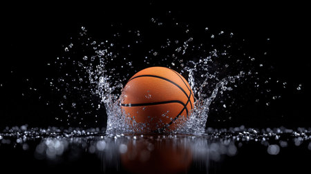 A basketball creates an energetic splash as it drops into water, showcasing vibrant droplets against a dark background, highlighting motion and aquatic beauty.の素材