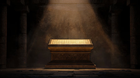 An ancient sarcophagus rests in a stone chamber, illuminated by soft rays of light, creating a mystical atmosphere that evokes a sense of wonder and history.の素材