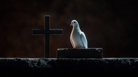 A striking image of a white dove standing beside a dark cross, bathed in soft light, representing peace and spirituality in a serene and reflective setting.の素材