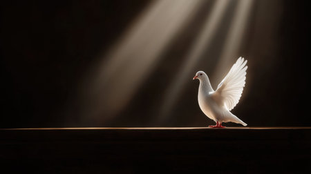 A striking white bird stands under gentle light in a dark setting, capturing a moment of beauty and peace. The outstretched wings convey grace and calm.の素材