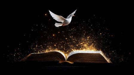 A peaceful white dove flies gracefully above an open book shimmering with golden sparkles, creating a magical atmosphere of inspiration and freedom within a dark setting.の素材