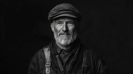 This black and white portrait features a mature man with a beard wearing a cap. The image captures wisdom, experience, and character, evoking a sense of nostalgia and depth.の素材
