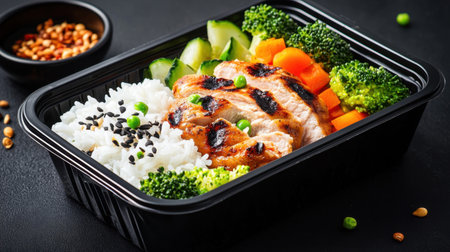 A beautifully arranged grilled chicken meal prep box featuring vibrant vegetables and fluffy white rice, perfect for a healthy and nutritious diet. Ideal for meal planning.の素材