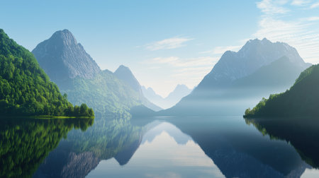 A stunning view featuring a calm lake reflecting majestic mountains and lush forests. The scene embodies tranquility and natural beauty in perfect harmony.の素材