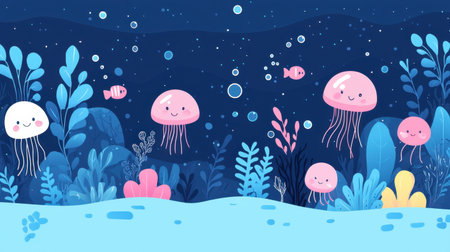 Explore the enchanting world of underwater life with this whimsical illustration featuring cute jellyfish, vibrant plants, and cheerful marine creatures.の素材