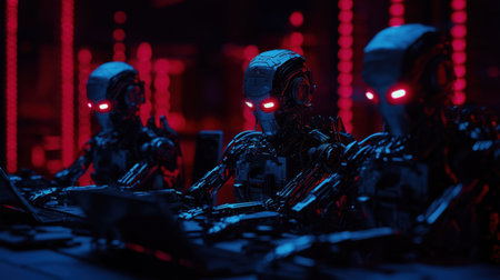 Three humanoid robots with glowing red eyes work diligently in a high-tech setting, surrounded by digital elements and glowing red light, symbolizing future possibilities.の素材