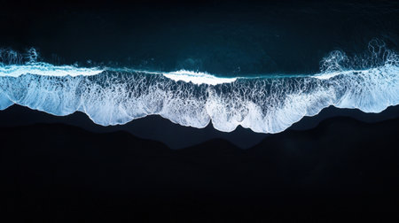 Stunning aerial perspective of ocean waves gently crashing onto a dark sandy beach, showcasing vibrant foam patterns and a serene sunset atmosphere.の素材