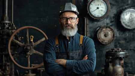 Portrait of a skilled male engineer with a beard and glasses, standing in a vintage industrial workshop filled with gears and dials, embodying craftsmanship and experience.の素材