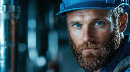 This image features a close-up portrait of a skilled construction worker with striking blue eyes and a well-groomed beard, exuding professionalism and focus in an industrial setting.の素材