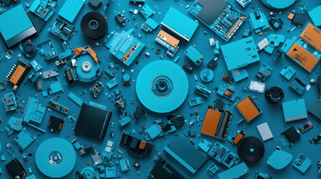 A vibrant flat lay of assorted electronic components and technology devices on a blue surface, showcasing a creative and modern arrangement ideal for design projects.の素材