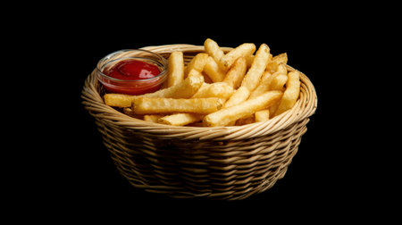 A basket of freshly fried French fries with dipping sauces, isolated on a black background, perfect for a snack-time cravingの素材